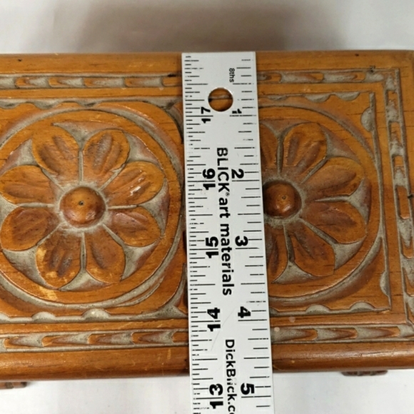 Antique Handmade Carved Wood Jewelry Box/Trinket Box w/Floral Design  - Picture 11 of 13